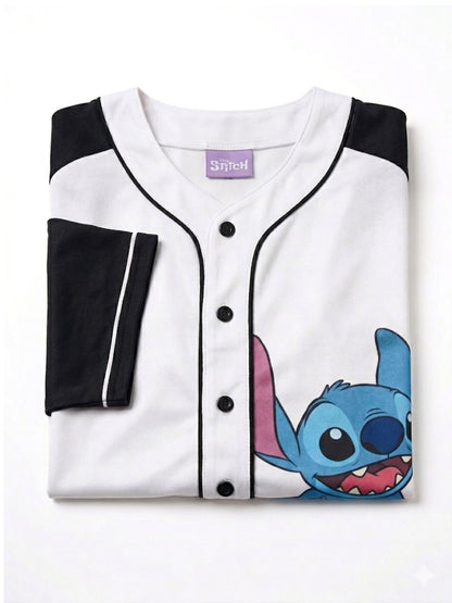 Disney Stitch Women’s Baseball Jersey Button Down Graphic Shirt White