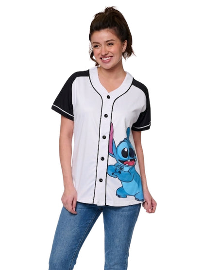 Disney Stitch Women’s Baseball Jersey Button Down Graphic Shirt White