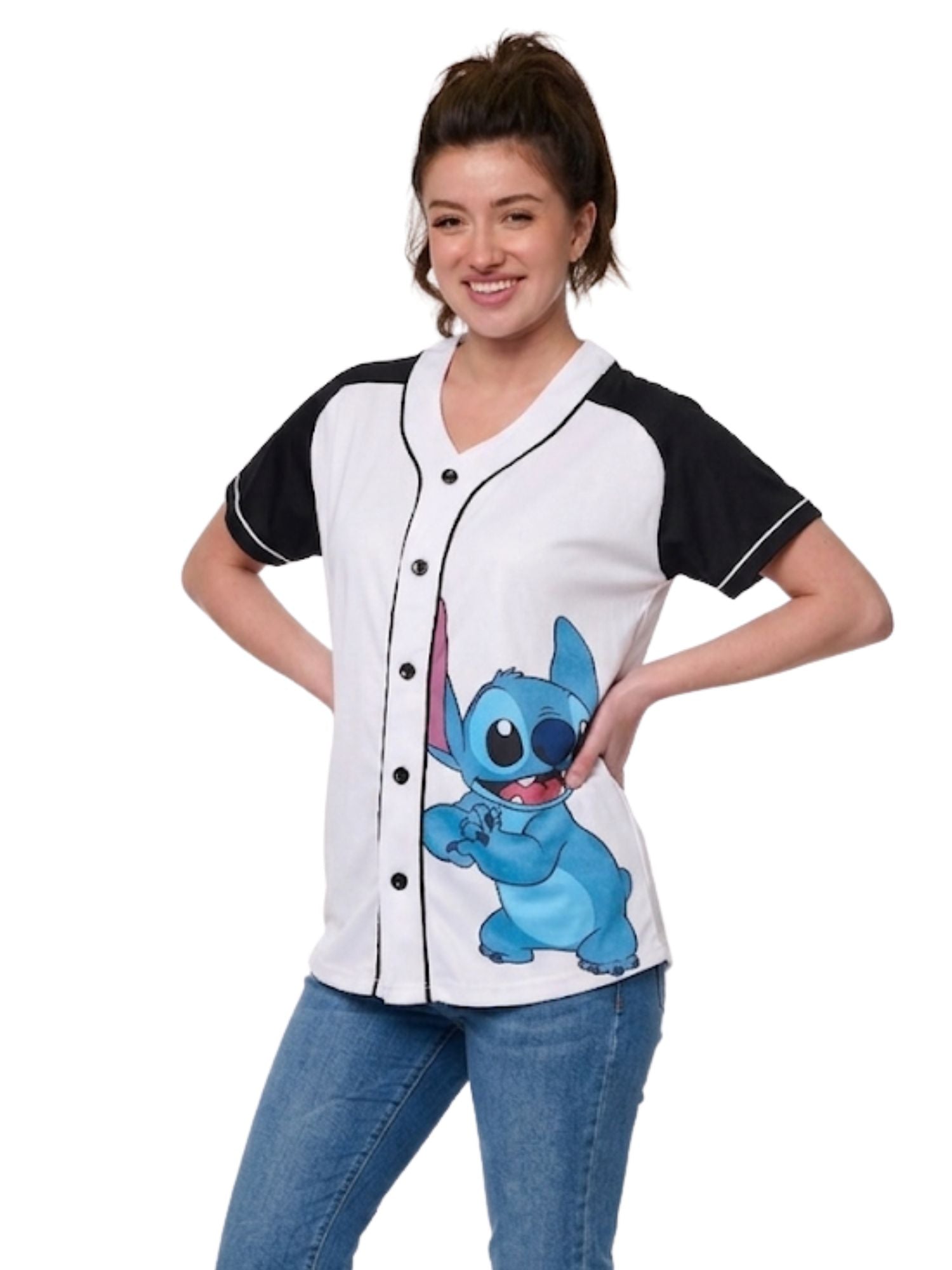 Disney Stitch Women’s Baseball Jersey Button Down Graphic Shirt White