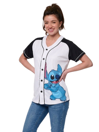Disney Stitch Women’s Baseball Jersey Button Down Graphic Shirt White