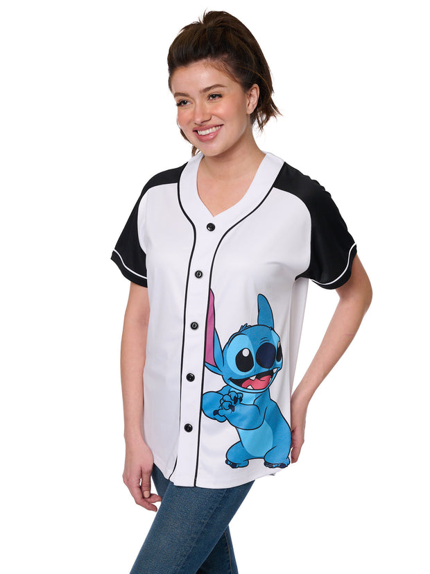 Women's Stitch Baseball Jersey Button Down Shirt White Disney