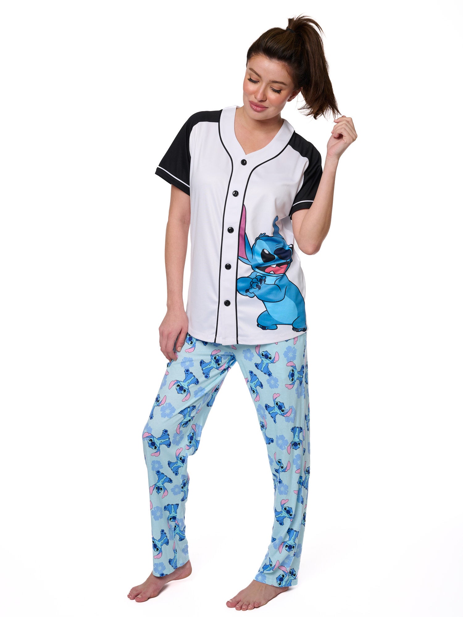 Women's Stitch Baseball Jersey Button Shirt & Disney Lounge Pants Set