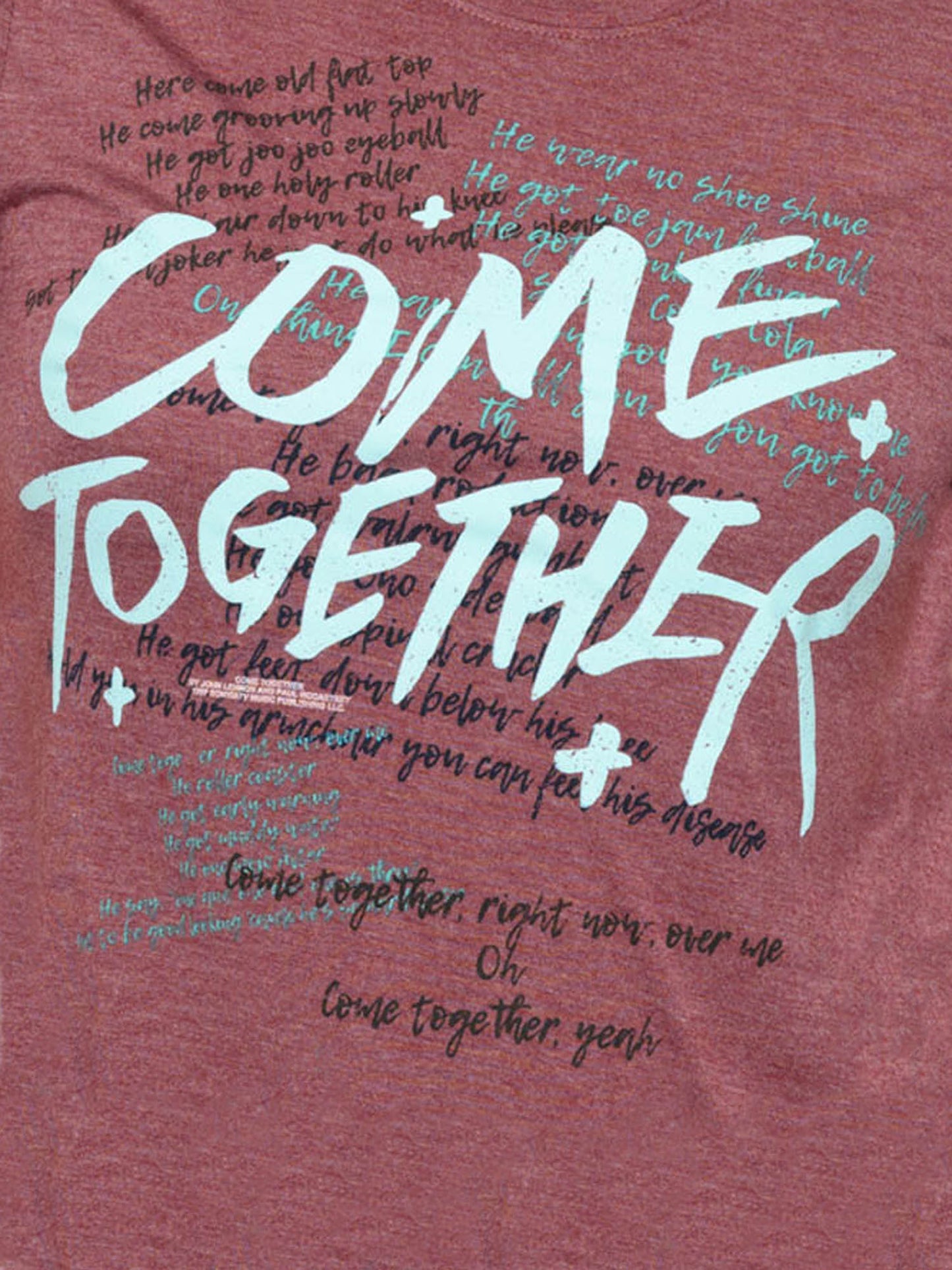 Women's Junior Beatles T-Shirt Come Together Lyrics Music High-Low Burgundy