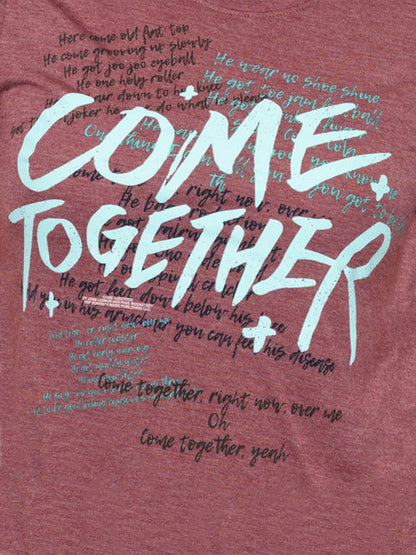 Women's Junior Beatles T-Shirt Come Together Lyrics Music High-Low Burgundy