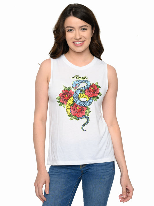 Juniors Women Poison Band Tank Top Tee Tonal Snake Roses White