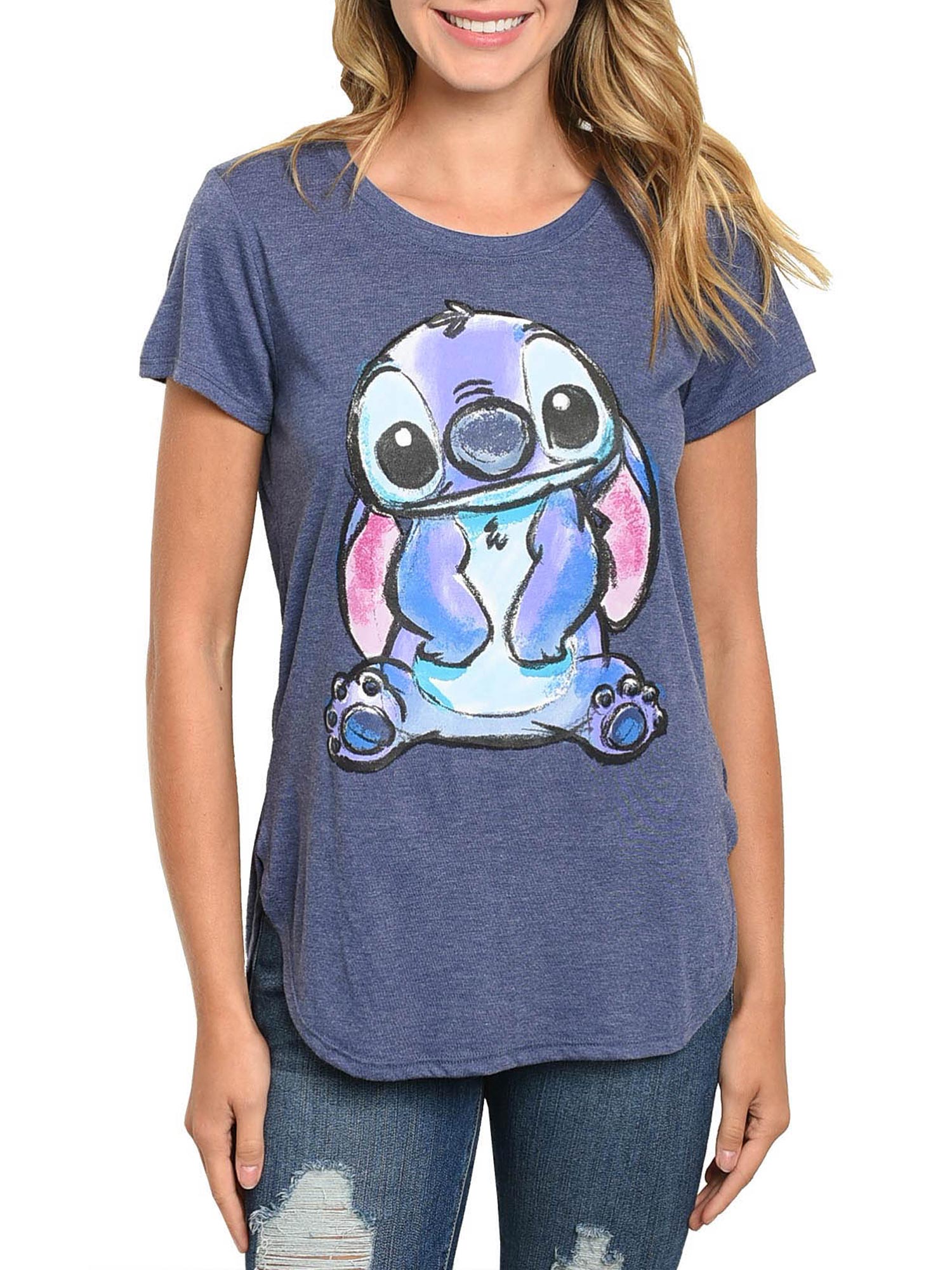 Juniors Disney Stitch T-Shirt Short Sleeve Hi-Low Heather Blue (Size Small)