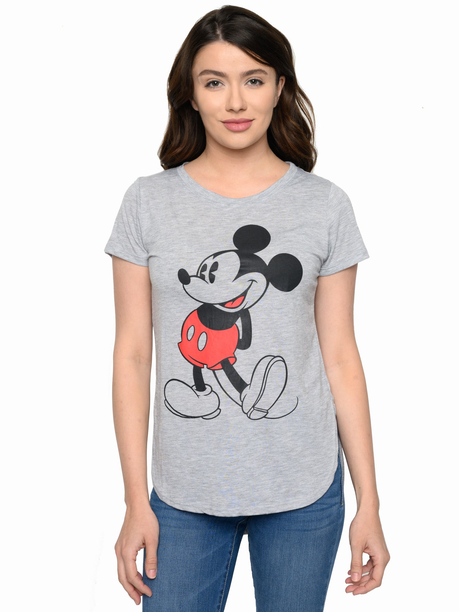 Womens Classic Mickey Mouse Hi-Low Hem T-Shirt Heather Gray Junior Sizes