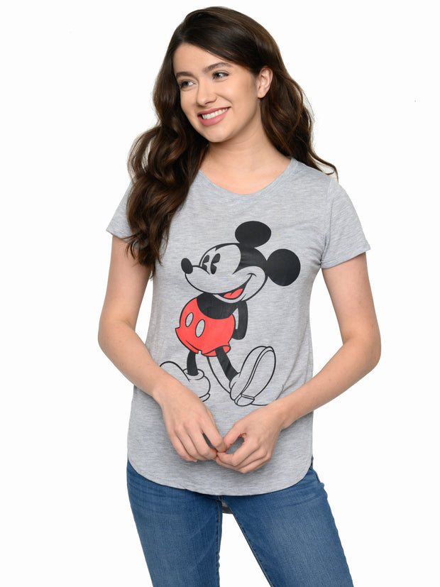 Juniors Disney Classic Mickey Mouse Hi-Low Hem T-Shirt Heather Gray