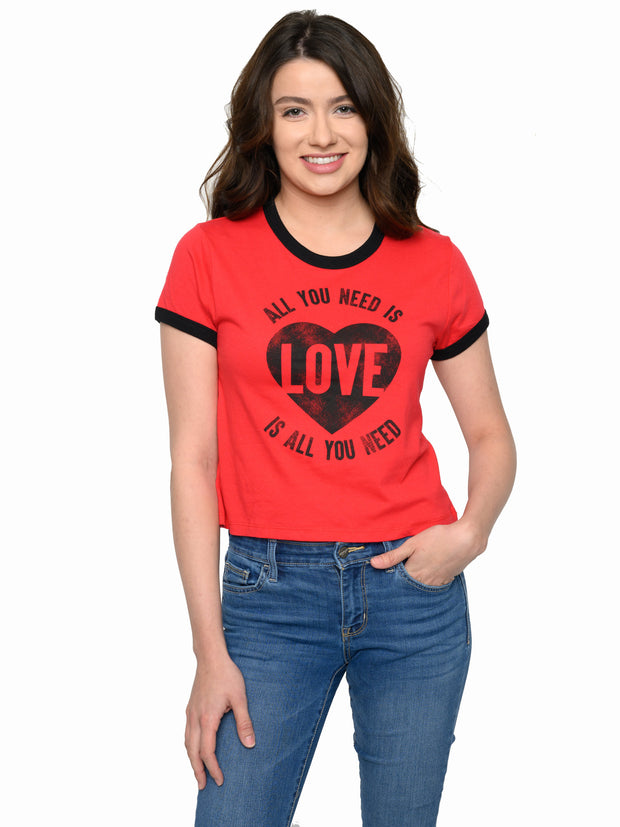 Juniors Beatles All You Need Is Love Band T-Shirt Ringer Black Red