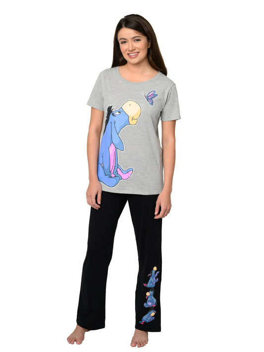 Disney Eeyore Butterfly T-Shirt Gray & Black Pajama Pants Loungewear Womens Set