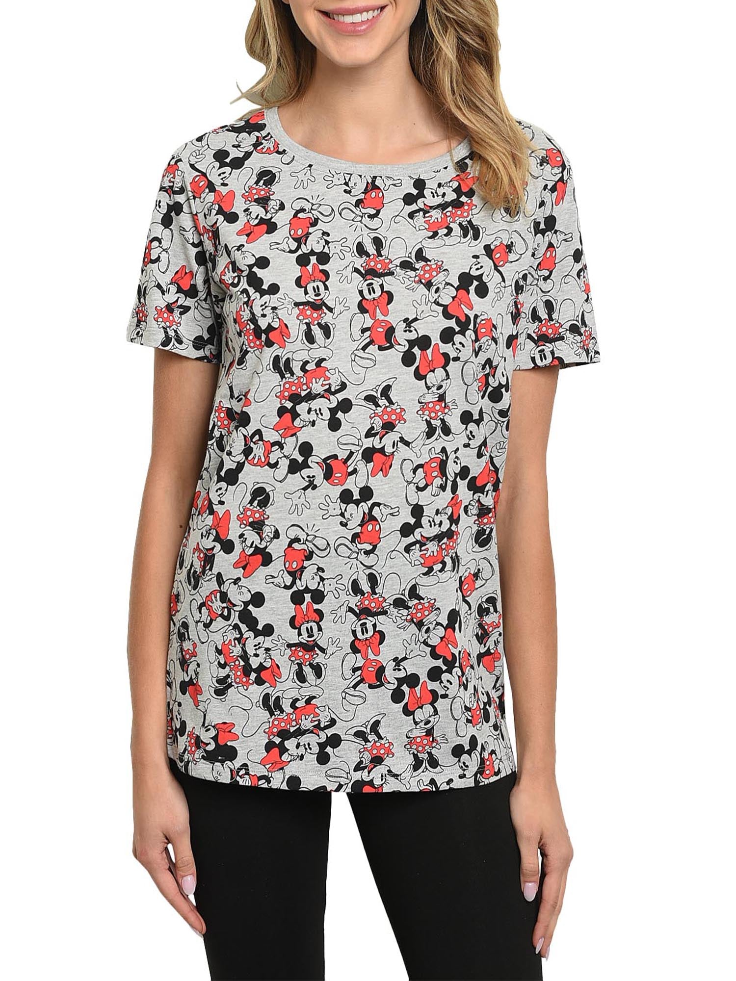 Mickey & Minnie Mouse T-Shirt All Over Print Short Sleeve Gray, Womens