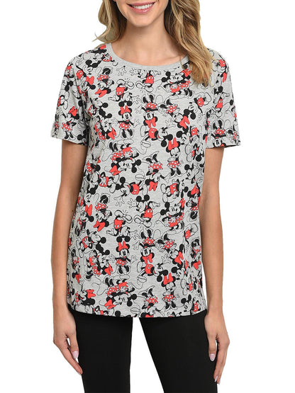 Mickey & Minnie Mouse T-Shirt All Over Print Short Sleeve Gray, Womens