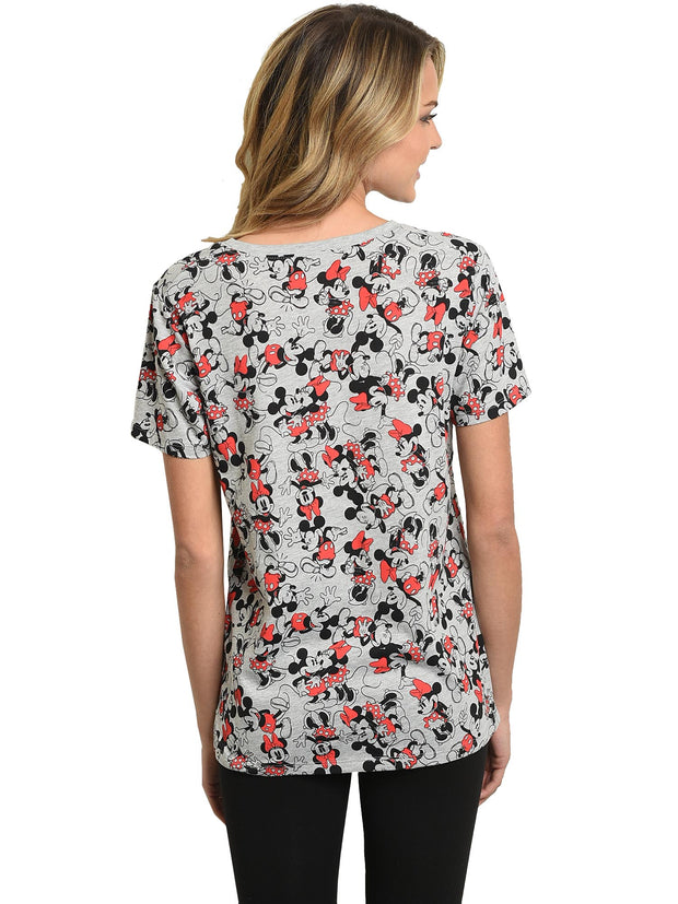 Women's Mickey & Minnie Mouse T-Shirt All Over Print Short Sleeve Gray