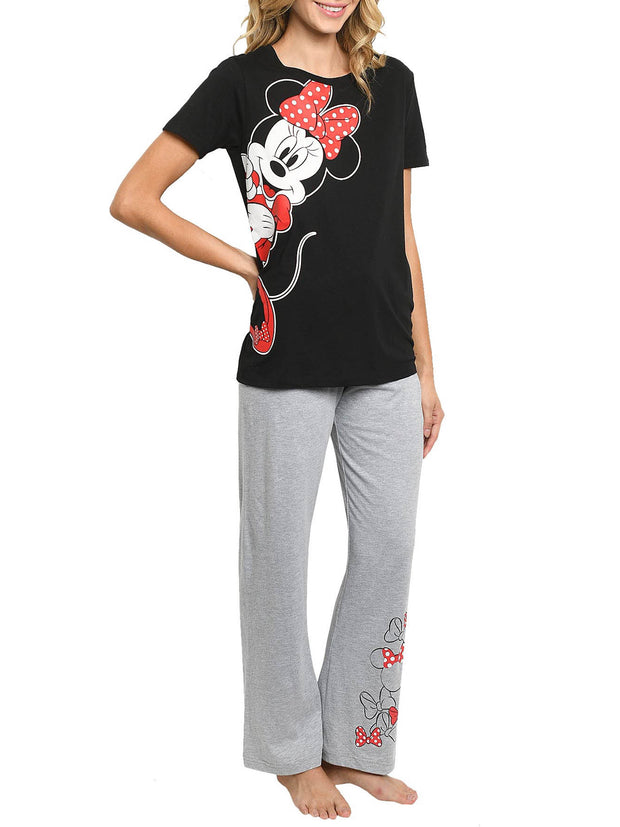 Disney Women's Minnie Mouse Leaning Bows Lounge Pajamas Gray 2 Piece Set