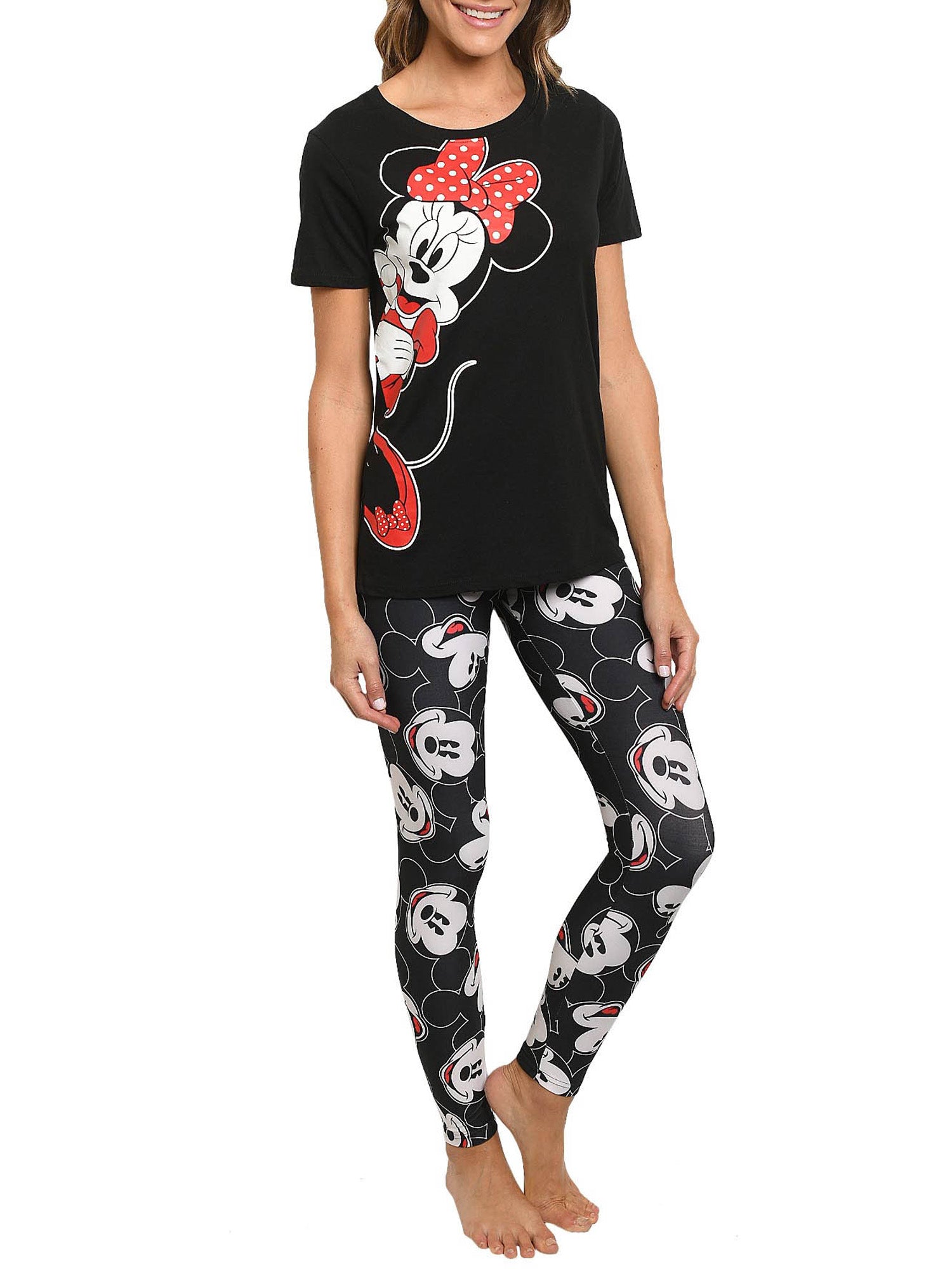 Disney Womens Junior Minnie Mouse T-Shirt & Mickey All-Over Print Leggings Set