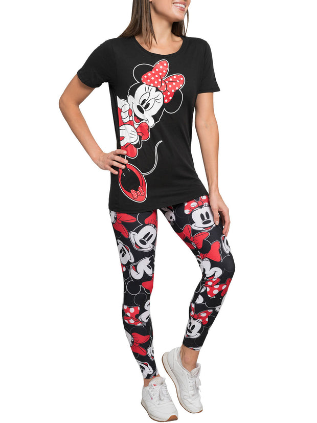 Disney Women's Minnie Mouse T-Shirt & Minnie Red Bow AOP Black Leggings Set