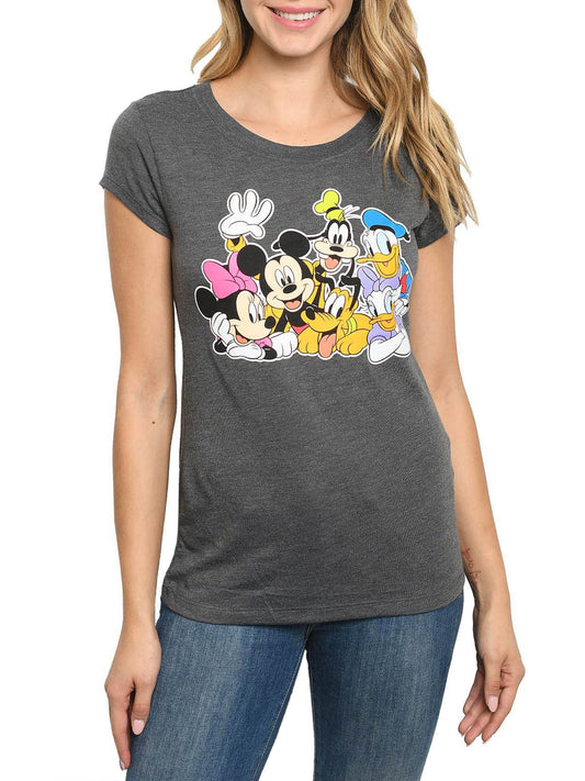 Disney Women's Junior Mickey Minnie Goofy Donald Charcoal T-shirt Short Sleeve