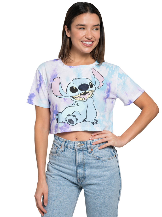 Juniors Women's Disney Stitch Relaxing Short Sleeve Crop Top T-Shirt Tie-Dye