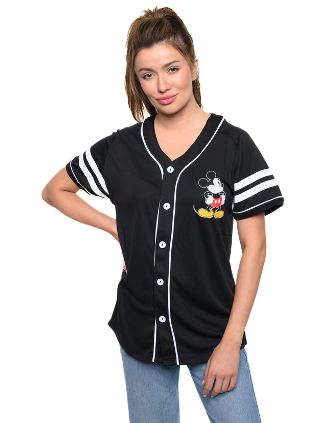 Disney Mickey Mouse Baseball Jersey Black Button Down Shirt Women's