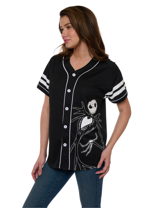 Jack Skellington Baseball Jersey Black Button Down Shirt Women's Disney