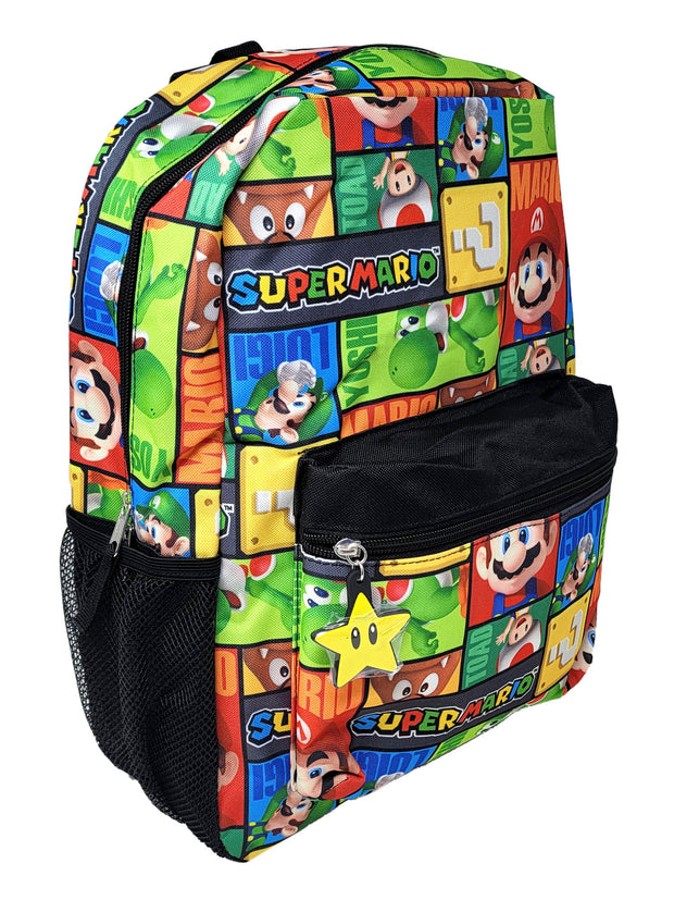 Super Mario Backpack  16" All-Over Print Luigi Toad w/ 4 Sheet Sticker Book Set