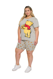 Winnie The Pooh T-Shirt & Bike Shorts 2-Piece Set Disney Womens Plus Size Gray