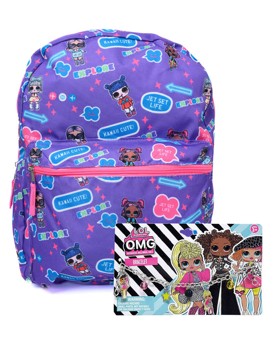 LOL School Backpack w/ Charm Bracelet 2-Piece Set LOL Surprise Girls Purple Pink