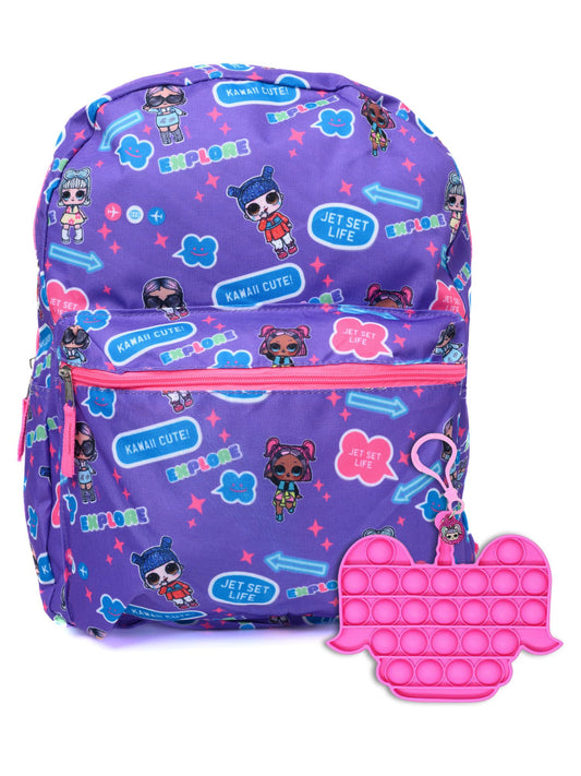 LOL Backpack w/ Popper Fidget Keychain Set LOL Surprise Pink Purple