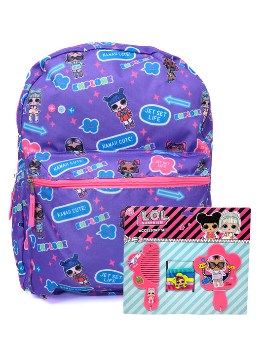 LOL Surprise 16" Backpack Jet Set Purple w/ Comb Hair Ponies Ties Mirror Set