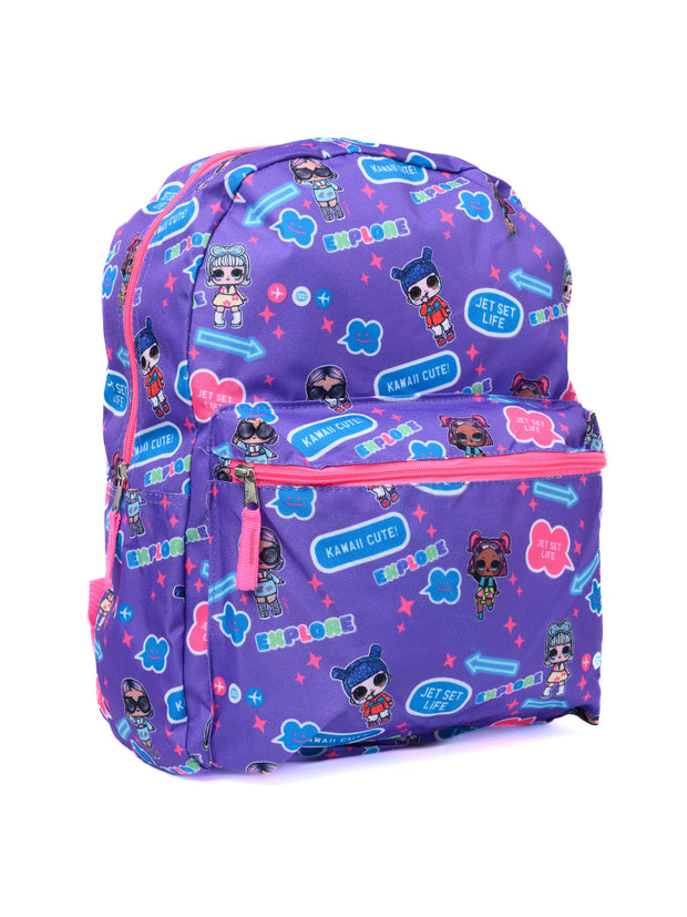 LOL School Backpack w/ Popper Fidget Keychain Set LOL Surprise Girls Purple