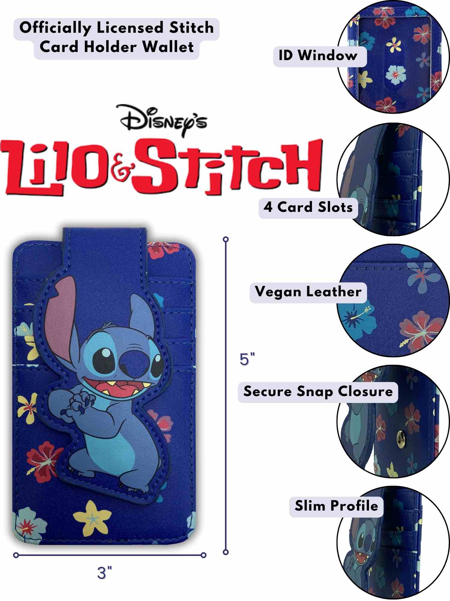 Womens Disney Stitch Card Holder Wallet Hawaiian Flowers Button Snap C – Open and Clothing