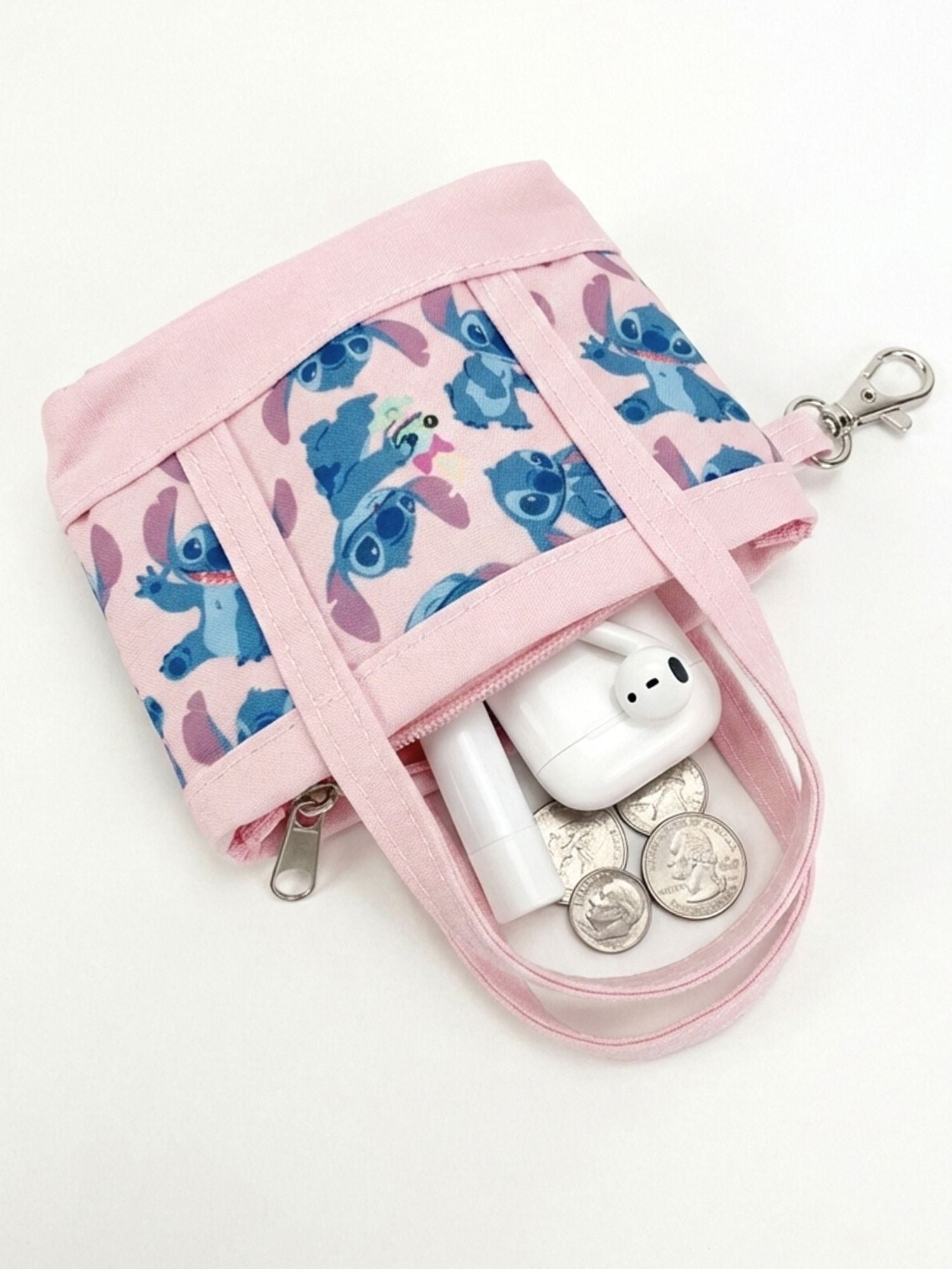 Disney Stitch Pink Mini Tote Bag Charm Coin Purse Keychain Accessory