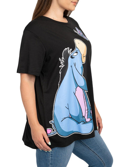 Women's Plus Size Eeyore Butterfly Black T-Shirt & Pajama Pants Lounge Wear Set