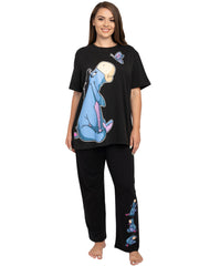 Women's Plus Size Eeyore Butterfly Black T-Shirt & Pajama Pants Lounge Wear Set