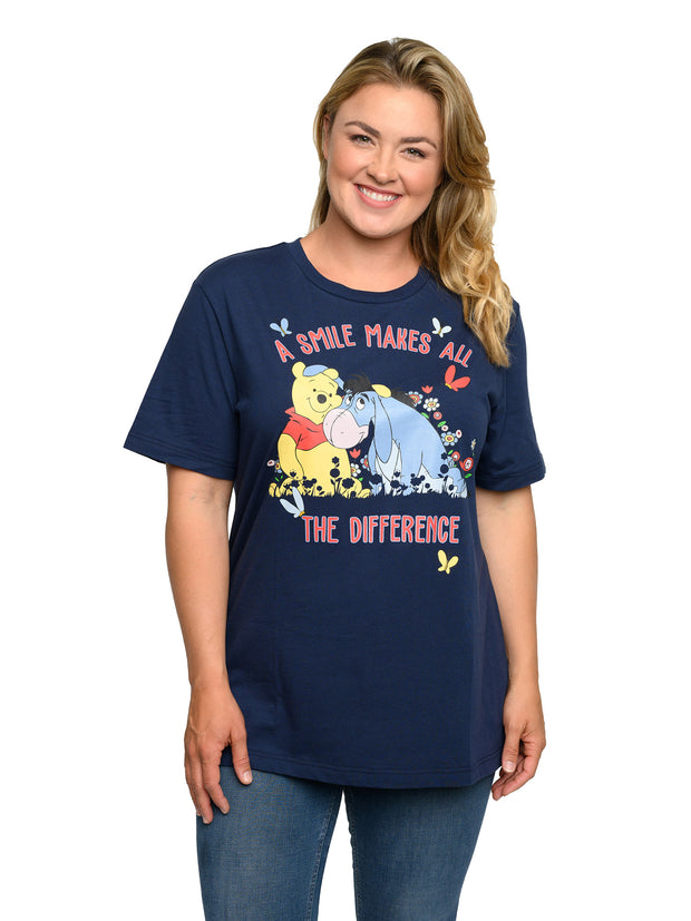 Women's Plus Size Disney Winnie The Pooh & Eeyore T-Shirt Smile Flowers Navy