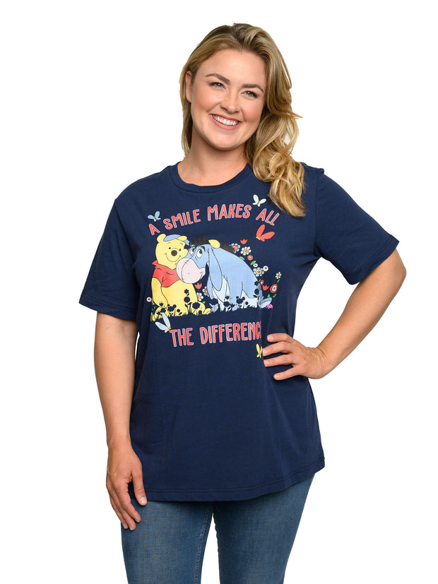 Women's Plus Size Disney Winnie The Pooh & Eeyore T-Shirt Smile Flowers Navy