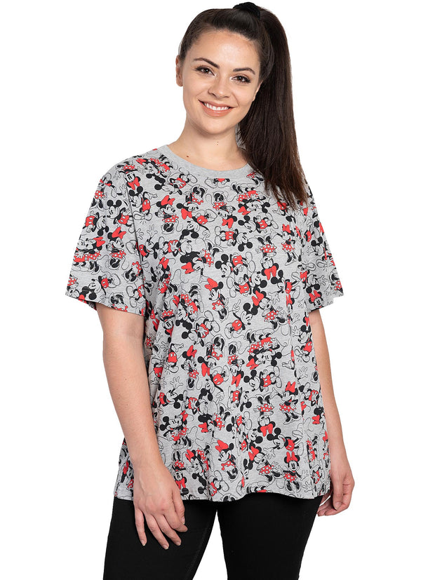 Disney Womens Plus Size Mickey and Minnie Mouse All-Over Print T-Shirt Gray