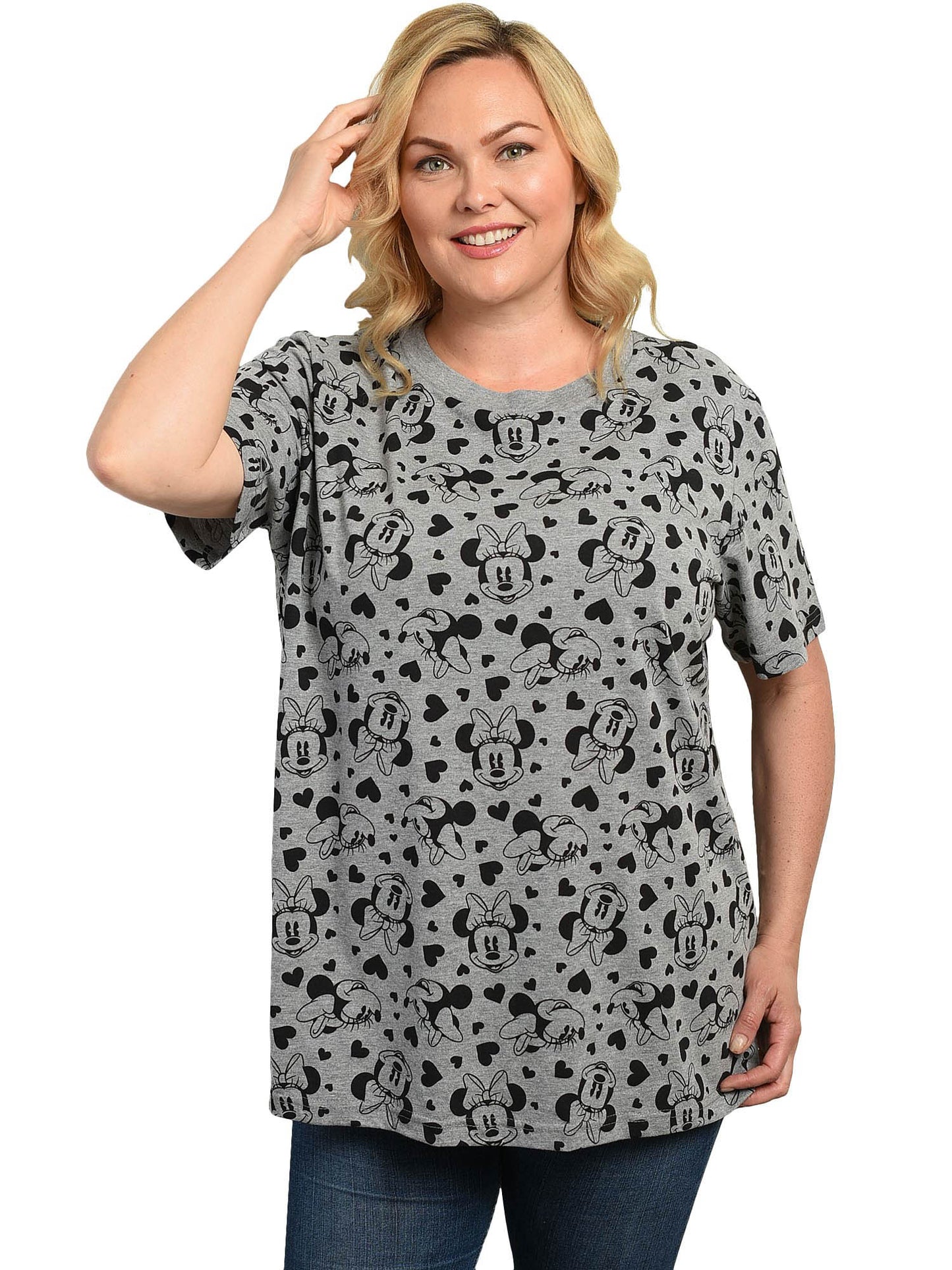 Disney Women's Plus Size Minnie Mouse T-Shirt Gray Tee Hearts All-Over Print