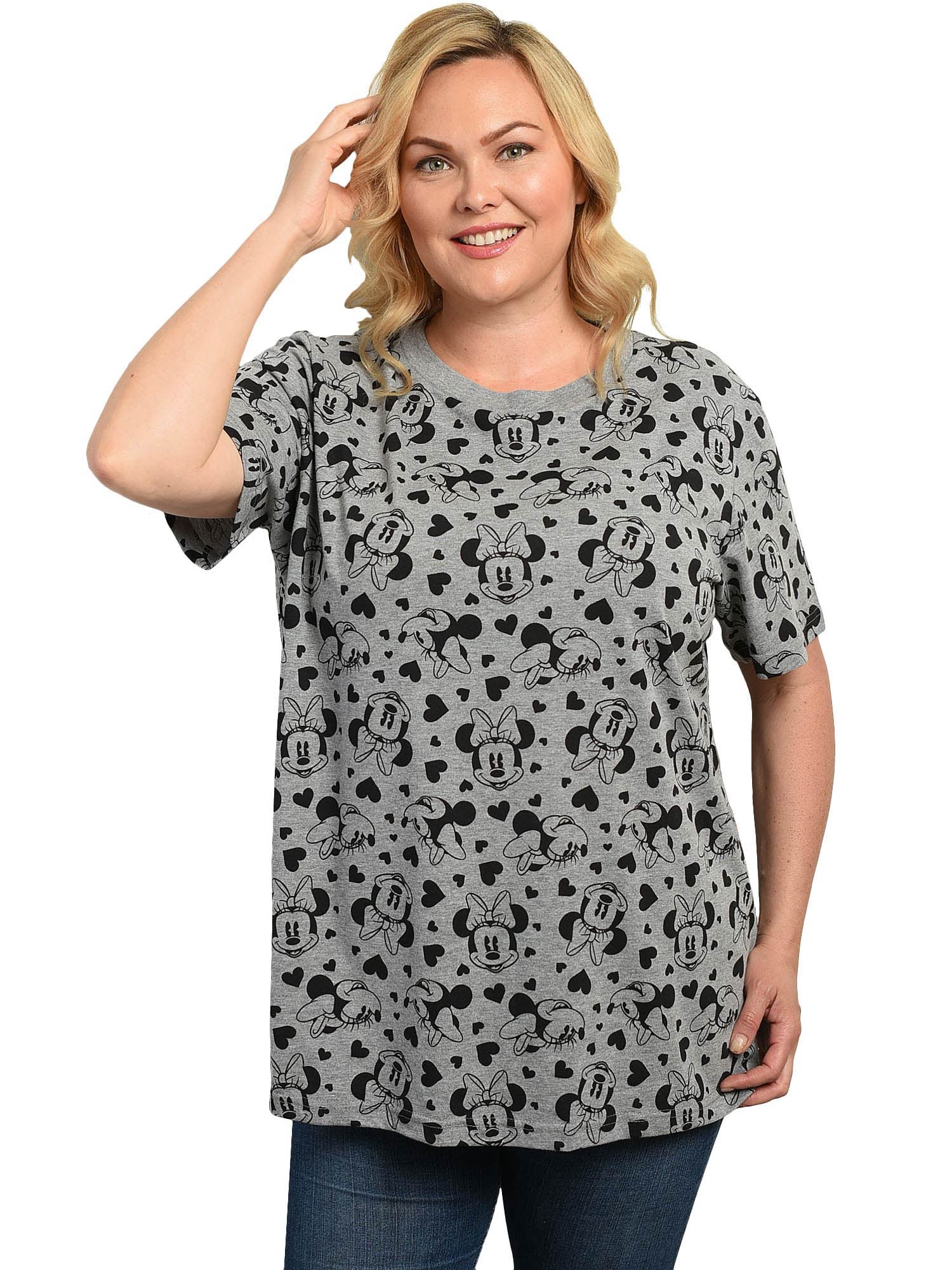 Disney Women's Plus Size Minnie Mouse T-Shirt Gray Tee Hearts All-Over Print