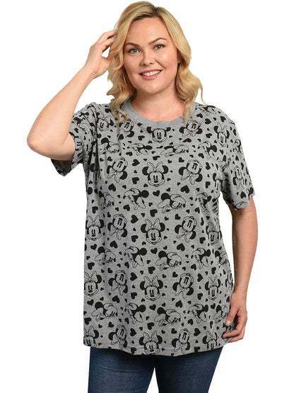 Disney Women's Plus Size Minnie Mouse T-Shirt Gray Tee Hearts All-Over Print