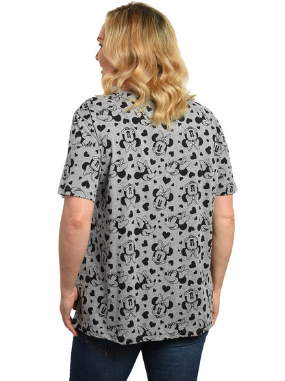 Disney Women's Plus Size Minnie Mouse T-Shirt Gray Tee Hearts All-Over Print
