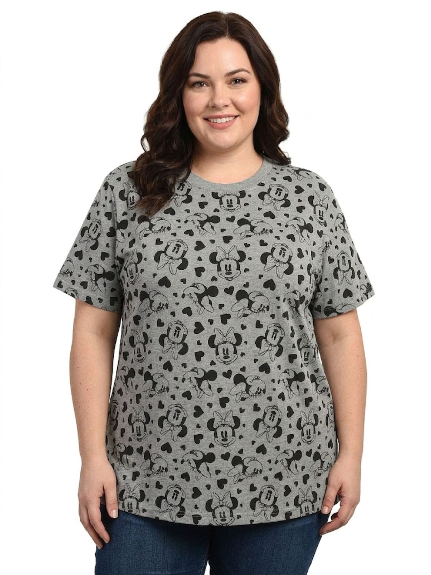 Disney Women's Plus Size Minnie Mouse T-Shirt Gray Tee Hearts All-Over Print
