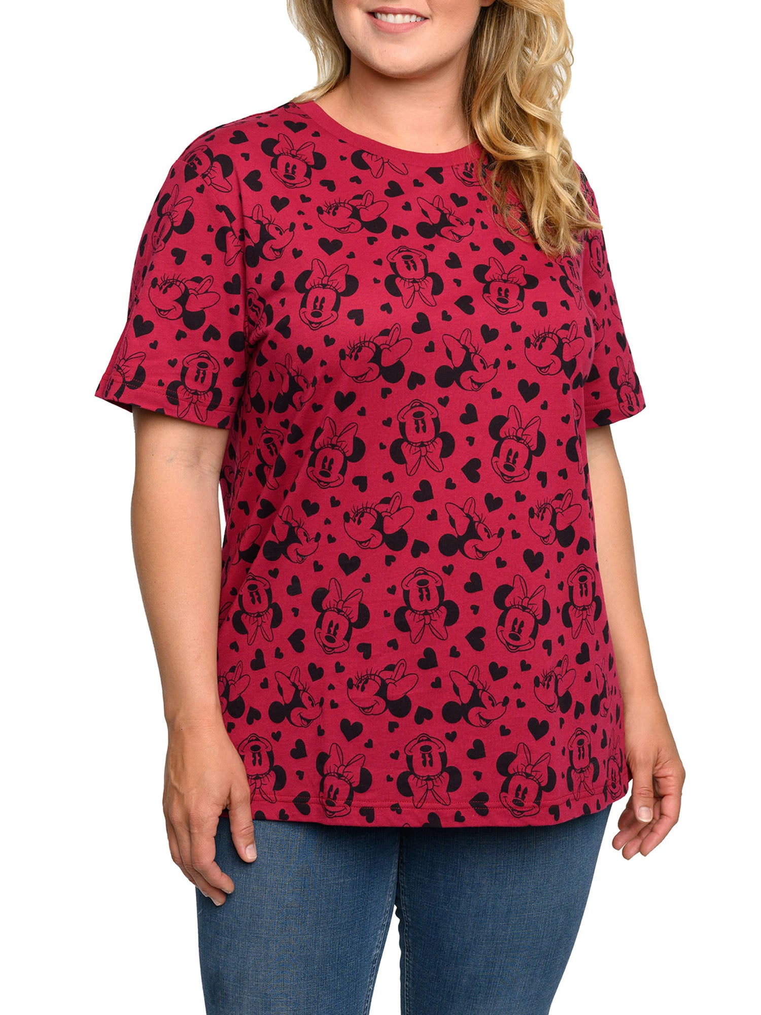 Women's Plus Size Minnie Mouse T-Shirt Hearts All-Over Hearts Print Red Tee