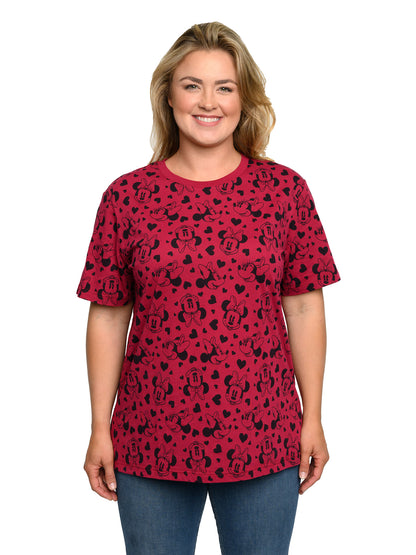 Minnie Mouse T-Shirt Hearts All-Over Print Cranberry Red Women's Plus Size Tee