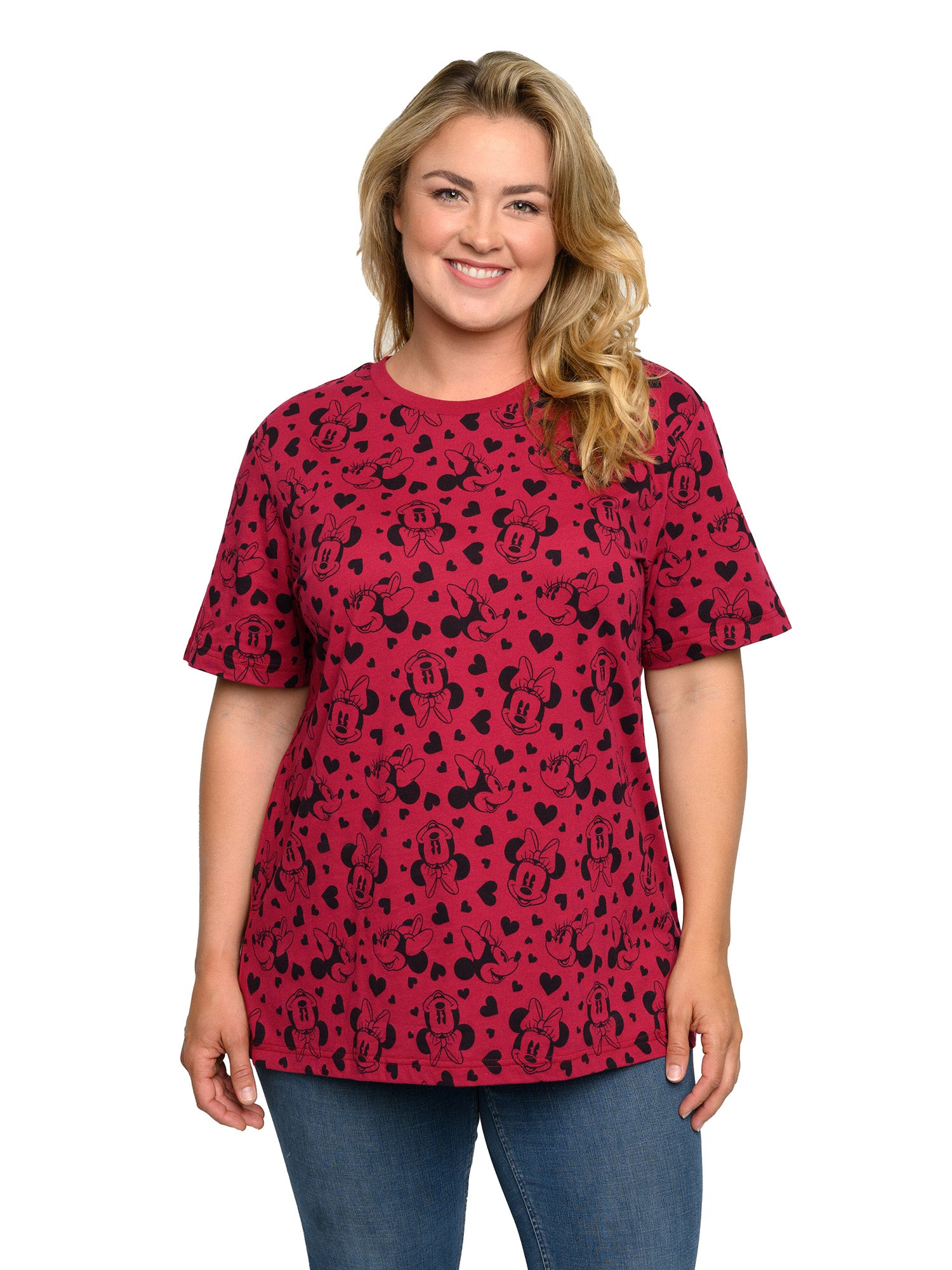 Women's Plus Size Minnie Mouse T-Shirt Hearts All-Over Hearts Print Red Tee