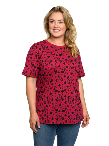 Minnie Mouse T-Shirt Hearts All-Over Print Cranberry Red Women's Plus Size Tee
