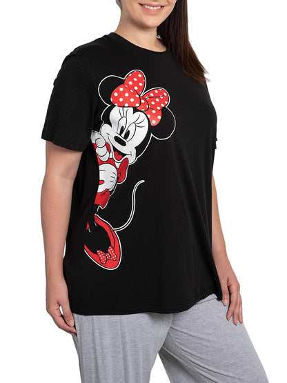 Womens Plus Size Disney Minnie Mouse Leaning Short Sleeve T-Shirt Black