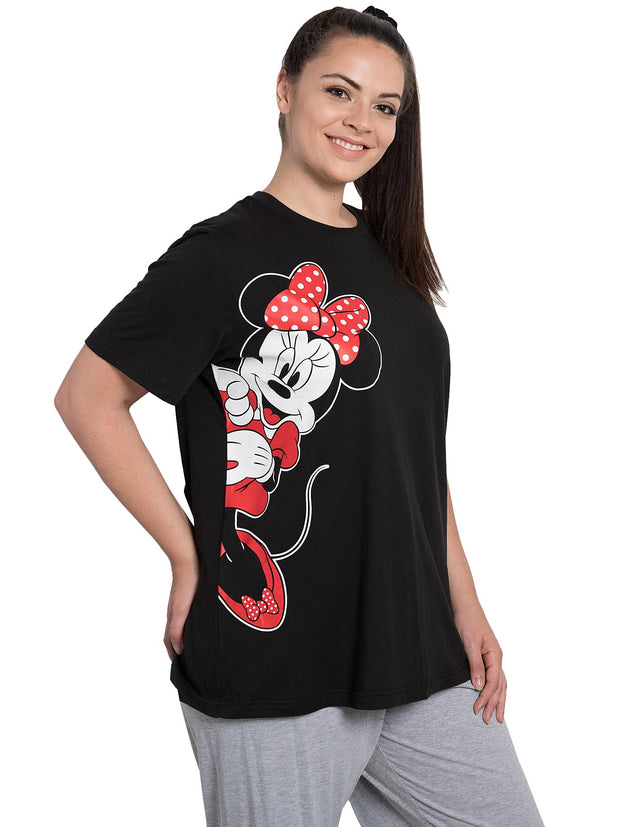 Womens Plus Size Disney Minnie Mouse Leaning Short Sleeve T-Shirt Black
