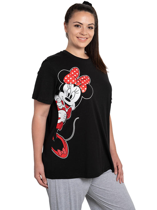 Womens Plus Size Disney Minnie Mouse Leaning Short Sleeve T-Shirt Black