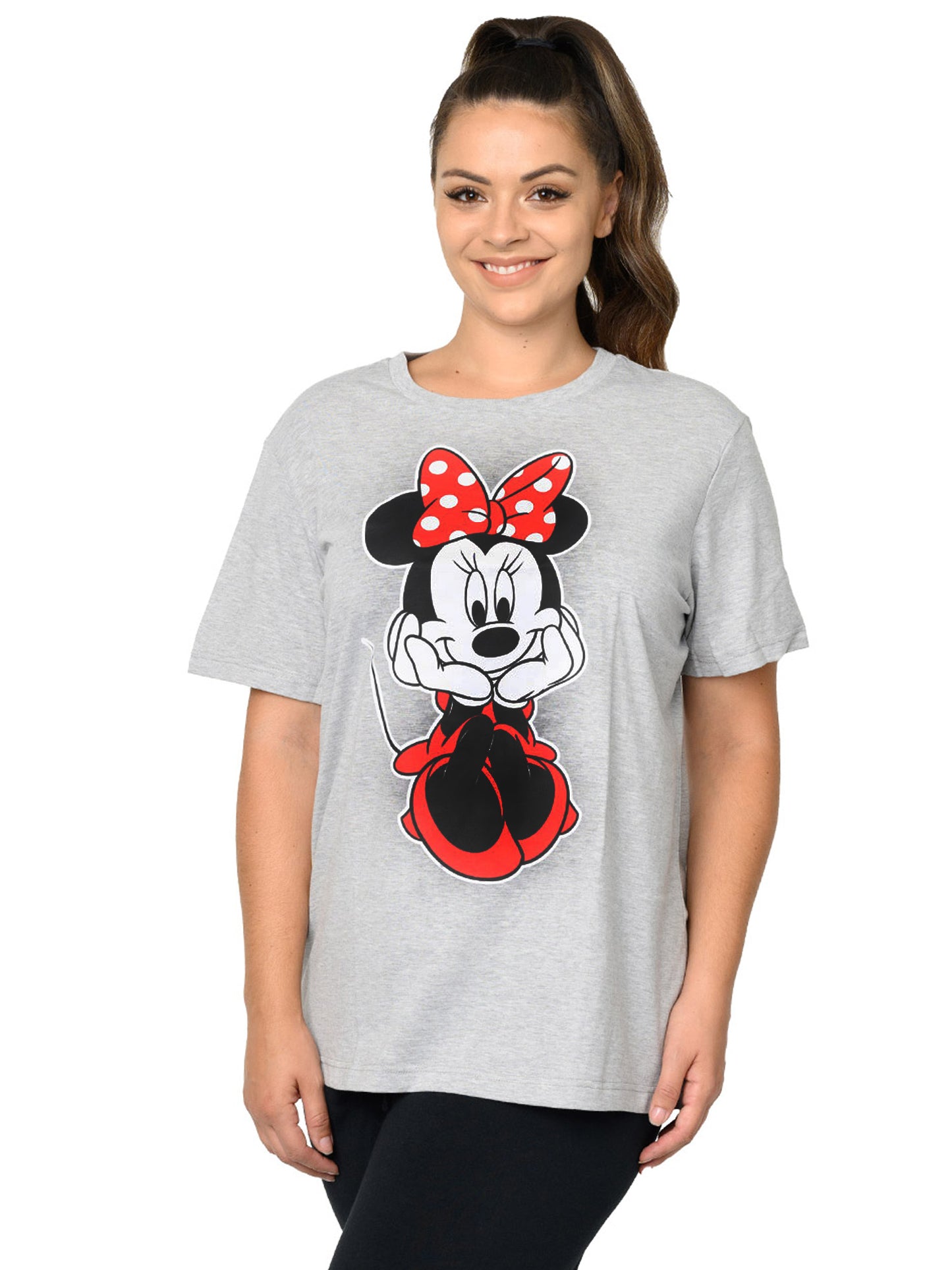 Women's Plus Size Disney Minnie Mouse Sitting Short Sleeve T-Shirt Gray